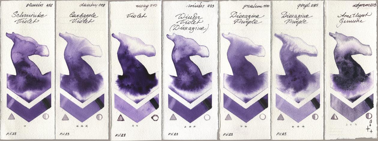 Shminke Horadam Aquarell 476 Schmincke Violet, Daniel Smith 019 Carbazole Violet, Rosa Gallery 710 Violet, Winsor & Newton Professional 733 Winsor Violet (Dioxazine), M. Graham & Co. Artists 100 Dioxazine Purple, Golden QOR 295 Dioxazine Purple, 203 Amethyst Genui watercolor swatch