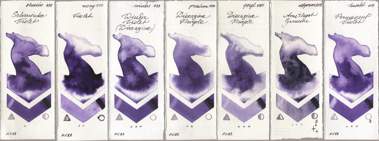 Shminke Horadam Aquarell 476 Schmincke Violet, Rosa Gallery 710 Violet, Winsor & Newton Professional 733 Winsor Violet (Dioxazine), M. Graham & Co. Artists 100 Dioxazine Purple, Golden QOR 295 Dioxazine Purple, Daniel Smith 203 Amethyst Genuine, Holbein Artists Watercolor 115 Permanent Viol watercolor swatch
