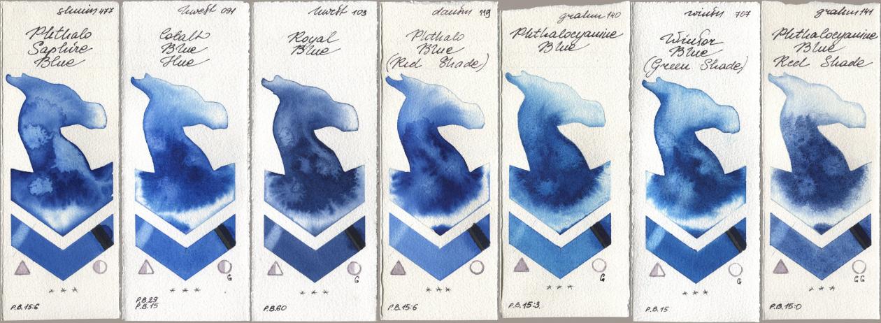 Shminke Horadam Aquarell 477 Phthalo Saphire Blue, Holbein Artists Watercolor 091 Cobalt Blue Hue, 103 Royal Blue, Daniel Smith 119 Phthalo Blue (Red Shade), M. Graham & Co. Artists 140 Phthalocyanine Blue, Winsor & Newton Professional 707 Winsor Blue (Green Shade), 141 Phthalocyanine Blue Red Sha watercolor swatch