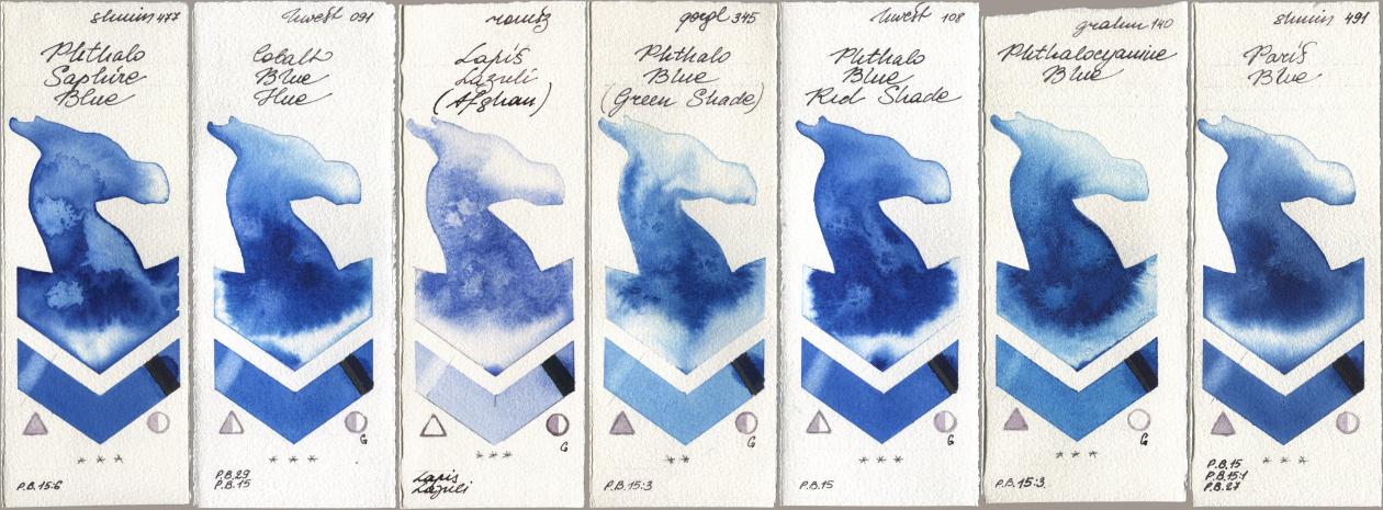 Shminke Horadam Aquarell 477 Phthalo Saphire Blue, Holbein Artists Watercolor 091 Cobalt Blue Hue, Roman Szmal Aquarius 999 Lapis Lazuli Afghan, Golden QOR 345 Phthalo Blue (Green Shade), 108 Phthalo Blue Red Shade, M. Graham & Co. Artists 140 Phthalocyanine Blue, 491 Paris Bl watercolor swatch