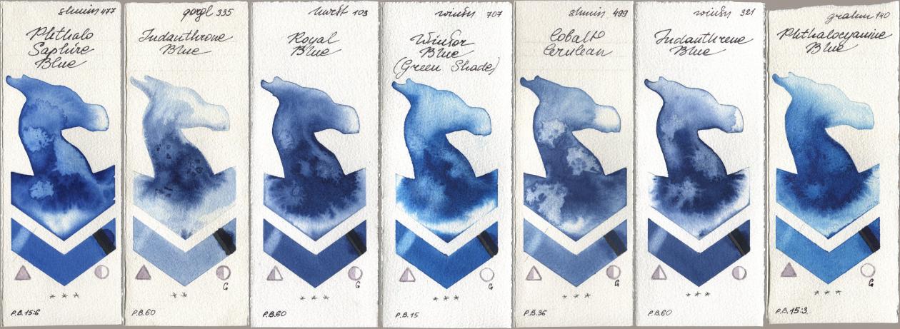 Shminke Horadam Aquarell 477 Phthalo Saphire Blue, Golden QOR 335 Indanthrone Blue, Holbein Artists Watercolor 103 Royal Blue, Winsor & Newton Professional 707 Winsor Blue (Green Shade), 499 Cobalt Cerulean, 321 Indanthrene Blue, M. Graham & Co. Artists 140 Phthalocyanine Bl watercolor swatch