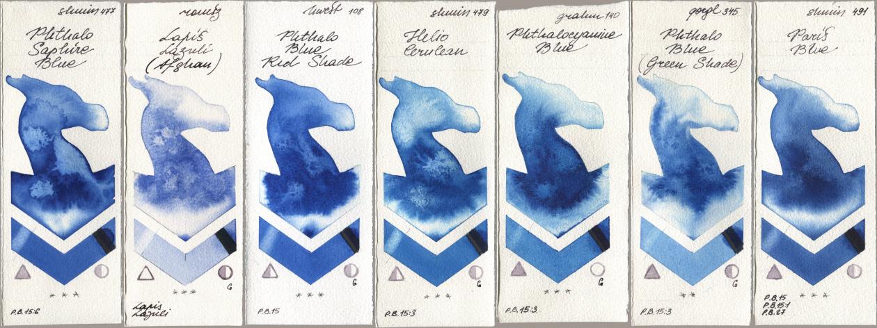 Shminke Horadam Aquarell 477 Phthalo Saphire Blue, Roman Szmal Aquarius 999 Lapis Lazuli Afghan, Holbein Artists Watercolor 108 Phthalo Blue Red Shade, 479 Helio Cerulean, M. Graham & Co. Artists 140 Phthalocyanine Blue, Golden QOR 345 Phthalo Blue (Green Shade), 491 Paris Bl watercolor swatch