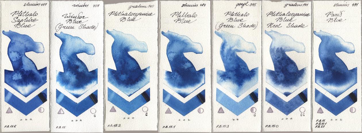 Shminke Horadam Aquarell 477 Phthalo Saphire Blue, Winsor & Newton Professional 707 Winsor Blue (Green Shade), M. Graham & Co. Artists 140 Phthalocyanine Blue, 484 Phthalo Blue, Golden QOR 345 Phthalo Blue (Green Shade), 141 Phthalocyanine Blue Red Shade, 491 Paris Bl watercolor swatch