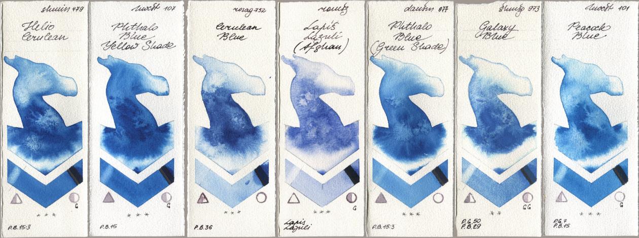 Shminke Horadam Aquarell 479 Helio Cerulean, Holbein Artists Watercolor 107 Phthalo Blue Yellow Shade, Rosa Gallery 752 Cerulean Blue, Roman Szmal Aquarius 999 Lapis Lazuli Afghan, Daniel Smith 077 Phthalo Blue (Green Shade), 973 Galaxy Blue, 101 Peacock Bl watercolor swatch