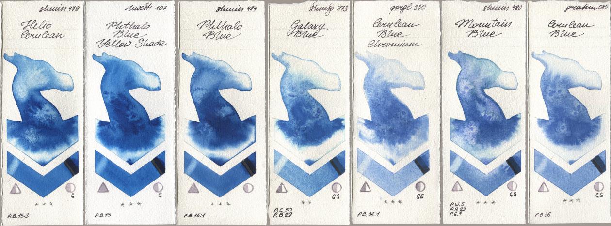 Shminke Horadam Aquarell 479 Helio Cerulean, Holbein Artists Watercolor 107 Phthalo Blue Yellow Shade, 484 Phthalo Blue, 973 Galaxy Blue, Golden QOR 330 Cerulean Blue, Chromium, 480 Mountain Blue, M. Graham & Co. Artists 080 Cerulean Bl watercolor swatch