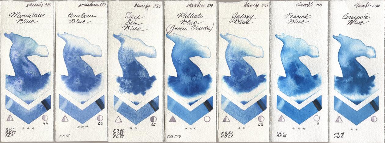 Shminke Horadam Aquarell 480 Mountain Blue, M. Graham & Co. Artists 080 Cerulean Blue, 953 Deep Sea Blue, Daniel Smith 077 Phthalo Blue (Green Shade), 973 Galaxy Blue, Holbein Artists Watercolor 101 Peacock Blue, 096 Compose Bl watercolor swatch