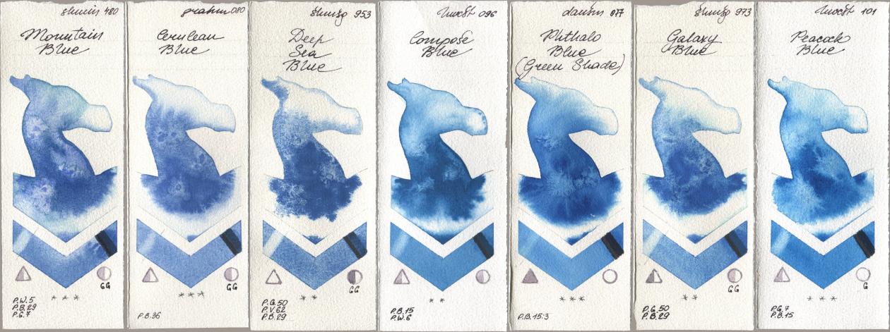 Shminke Horadam Aquarell 480 Mountain Blue, M. Graham & Co. Artists 080 Cerulean Blue, 953 Deep Sea Blue, Holbein Artists Watercolor 096 Compose Blue, Daniel Smith 077 Phthalo Blue (Green Shade), 973 Galaxy Blue, 101 Peacock Bl watercolor swatch