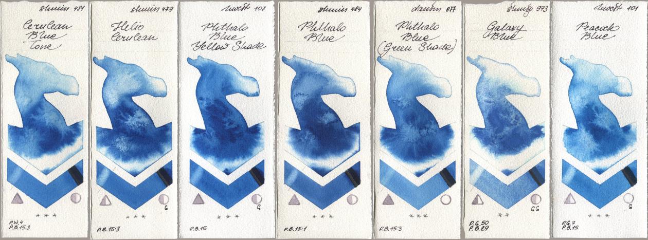 Shminke Horadam Aquarell 481 Cerulean Blue Tone, 479 Helio Cerulean, Holbein Artists Watercolor 107 Phthalo Blue Yellow Shade, 484 Phthalo Blue, Daniel Smith 077 Phthalo Blue (Green Shade), 973 Galaxy Blue, 101 Peacock Bl watercolor swatch