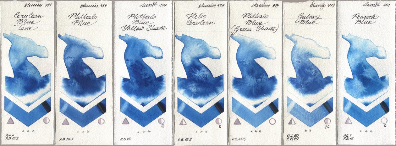 Shminke Horadam Aquarell 481 Cerulean Blue Tone, 484 Phthalo Blue, Holbein Artists Watercolor 107 Phthalo Blue Yellow Shade, 479 Helio Cerulean, Daniel Smith 077 Phthalo Blue (Green Shade), 973 Galaxy Blue, 101 Peacock Bl watercolor swatch