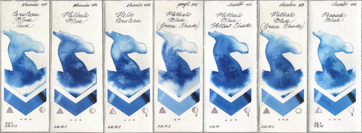 Shminke Horadam Aquarell 481 Cerulean Blue Tone, 484 Phthalo Blue, 479 Helio Cerulean, Golden QOR 345 Phthalo Blue (Green Shade), Holbein Artists Watercolor 107 Phthalo Blue Yellow Shade, Daniel Smith 077 Phthalo Blue (Green Shade), 101 Peacock Bl watercolor swatch