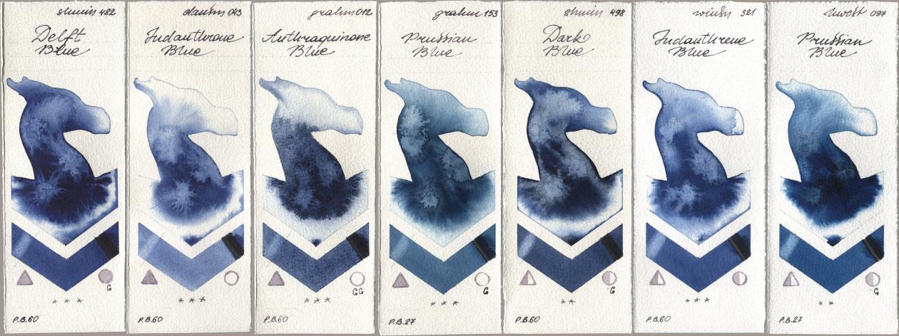 Shminke Horadam Aquarell 482 Delft Blue, Daniel Smith 043 Indanthrone Blue, M. Graham & Co. Artists 012 Anthraquinone Blue, 153 Prussian Blue, 498 Dark Blue, Winsor & Newton Professional 321 Indanthrene Blue, Holbein Artists Watercolor 097 Prussian Bl watercolor swatch