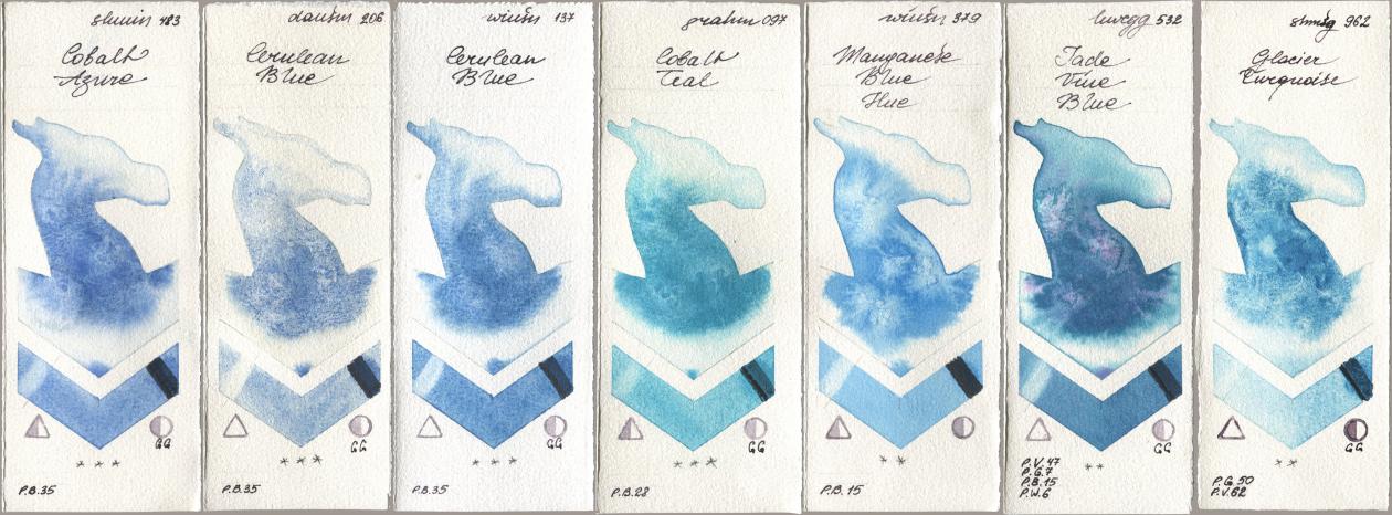 Shminke Horadam Aquarell 483 Cobalt Azure, Daniel Smith 206 Cerulean Blue, Winsor & Newton Professional 137 Cerulean Blue, M. Graham & Co. Artists 097 Cobalt Teal, 379 Manganese Blue Hue, Holbein Artists Watercolor 532 Jade Vine Blue, 962 Glacier Turquoi watercolor swatch