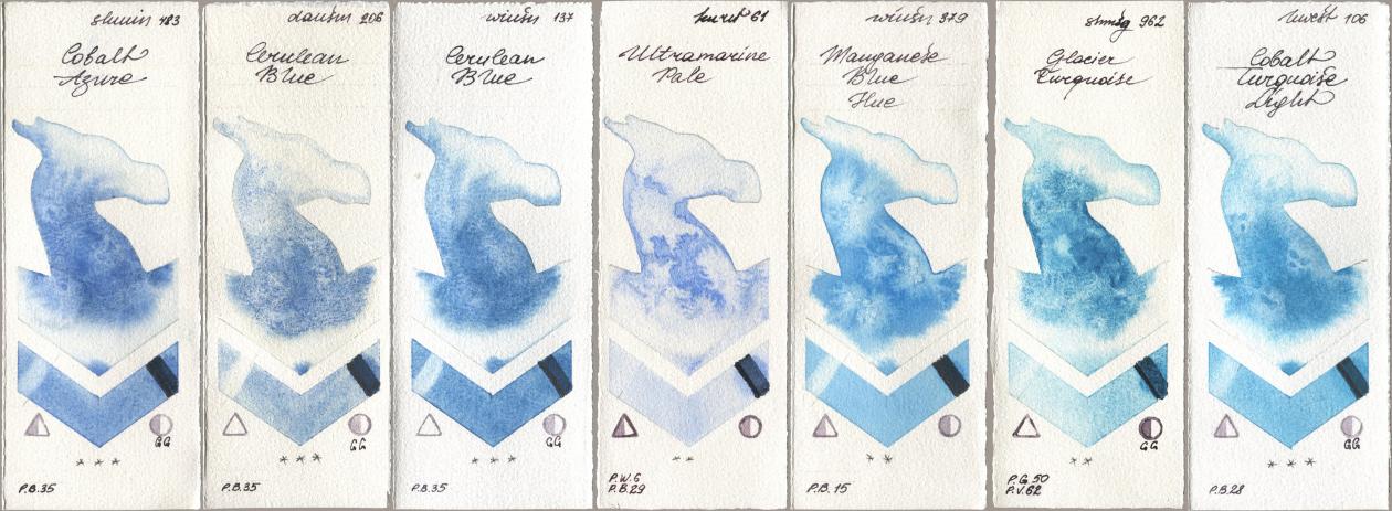 Shminke Horadam Aquarell 483 Cobalt Azure, Daniel Smith 206 Cerulean Blue, Winsor & Newton Professional 137 Cerulean Blue, Kuretake Gansai Tambi 061 Ultramarine Pale, 379 Manganese Blue Hue, 962 Glacier Turquoise, Holbein Artists Watercolor 106 Cobalt Turquoise Lig watercolor swatch