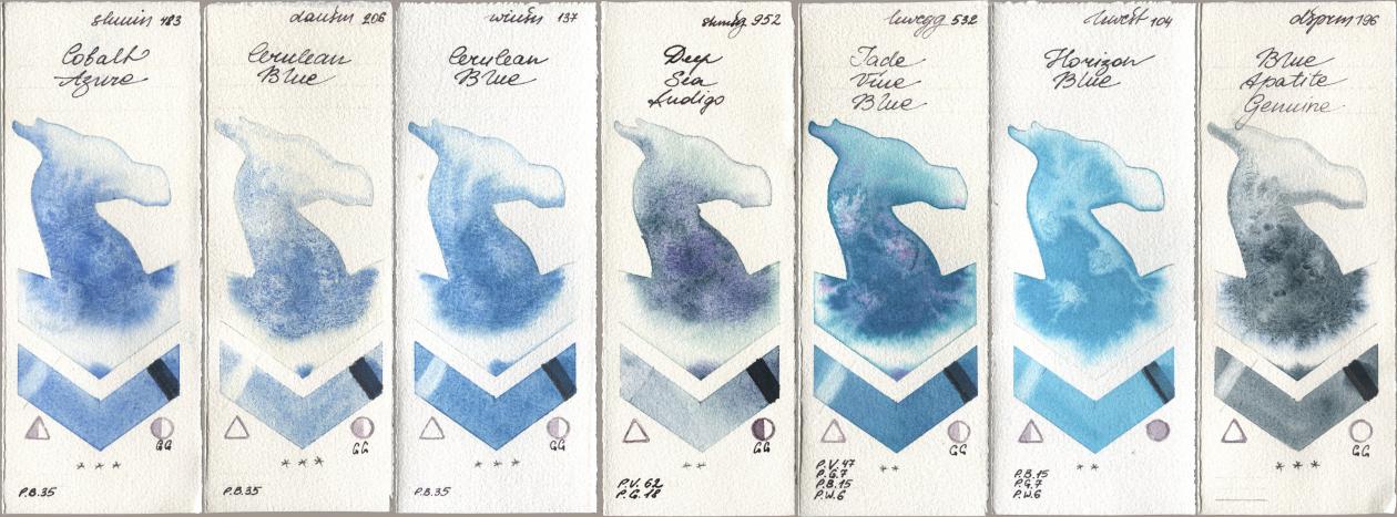 Shminke Horadam Aquarell 483 Cobalt Azure, Daniel Smith 206 Cerulean Blue, Winsor & Newton Professional 137 Cerulean Blue, 952 Deep Sea Indigo, Holbein Artists Watercolor 532 Jade Vine Blue, 104 Horizon Blue, 196 Blue Apatite Genui watercolor swatch