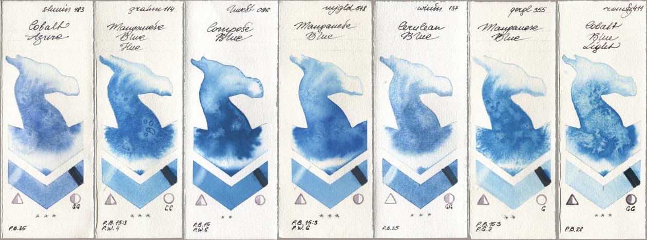 Shminke Horadam Aquarell 483 Cobalt Azure, M. Graham & Co. Artists 114 Manganese Blue Hue, Holbein Artists Watercolor 096 Compose Blue, Mijello Mission Gold 548 Manganese Blue, Winsor & Newton Professional 137 Cerulean Blue, Golden QOR 355 Manganese Blue, Roman Szmal Aquarius 411 Cobalt Blue Lig watercolor swatch