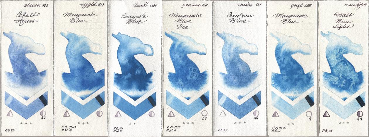 Shminke Horadam Aquarell 483 Cobalt Azure, Mijello Mission Gold 548 Manganese Blue, Holbein Artists Watercolor 096 Compose Blue, M. Graham & Co. Artists 114 Manganese Blue Hue, Winsor & Newton Professional 137 Cerulean Blue, Golden QOR 355 Manganese Blue, Roman Szmal Aquarius 411 Cobalt Blue Lig watercolor swatch