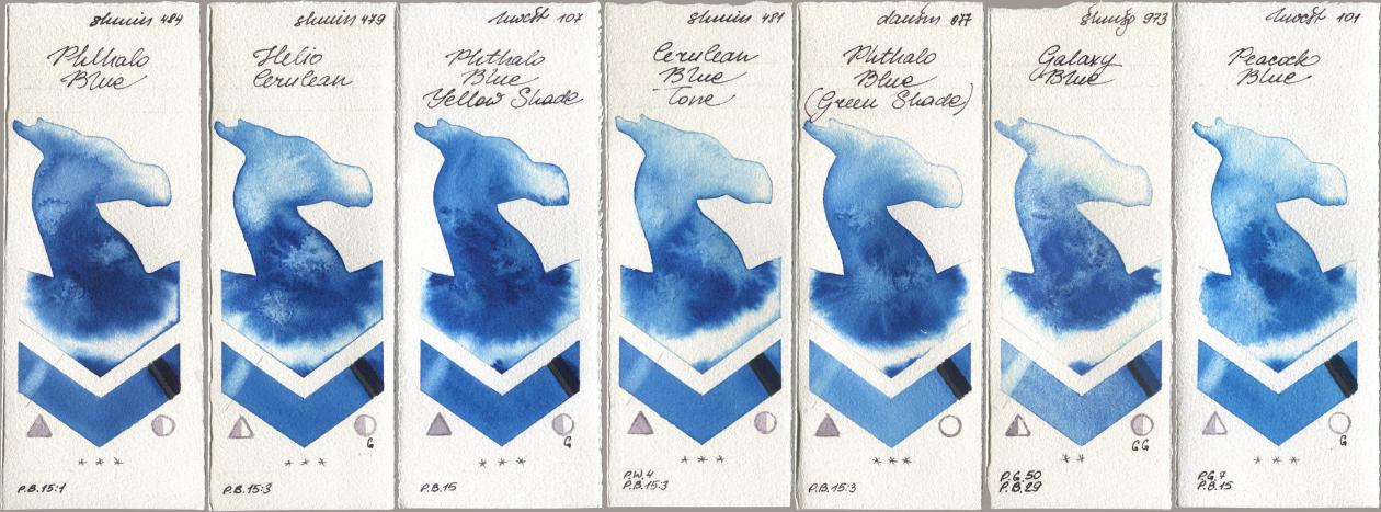 Shminke Horadam Aquarell 484 Phthalo Blue, 479 Helio Cerulean, Holbein Artists Watercolor 107 Phthalo Blue Yellow Shade, 481 Cerulean Blue Tone, Daniel Smith 077 Phthalo Blue (Green Shade), 973 Galaxy Blue, 101 Peacock Bl watercolor swatch