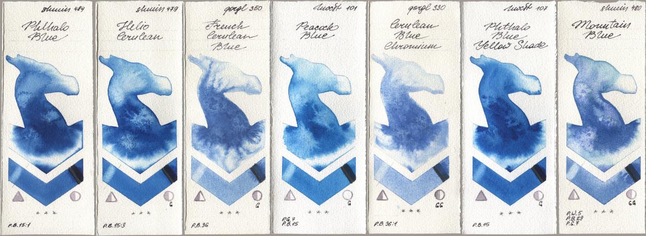 Shminke Horadam Aquarell 484 Phthalo Blue, 479 Helio Cerulean, Golden QOR 350 French Cerulean Blue, Holbein Artists Watercolor 101 Peacock Blue, 330 Cerulean Blue, Chromium, 107 Phthalo Blue Yellow Shade, 480 Mountain Bl watercolor swatch