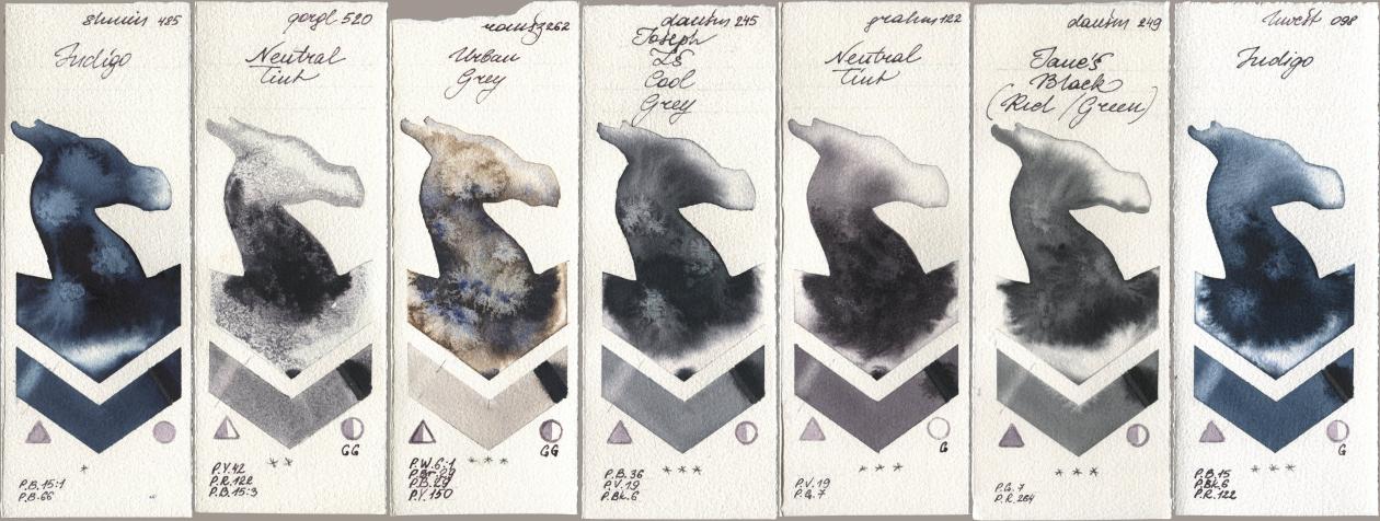 Shminke Horadam Aquarell 485 Indigo, Golden QOR 520 Neutral Tint, Roman Szmal Aquarius 262 Urban Grey, Daniel Smith 245 Joseph Zs Cool Grey, M. Graham & Co. Artists 122 Neutral Tint, 249 Janes Black (Red/Green), Holbein Artists Watercolor 098 Indi watercolor swatch
