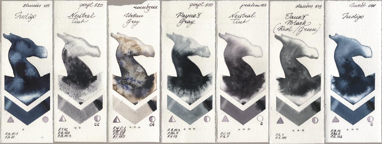 Shminke Horadam Aquarell 485 Indigo, Golden QOR 520 Neutral Tint, Roman Szmal Aquarius 262 Urban Grey, 510 Paynes Gray, M. Graham & Co. Artists 122 Neutral Tint, Daniel Smith 249 Janes Black (Red/Green), Holbein Artists Watercolor 098 Indi watercolor swatch