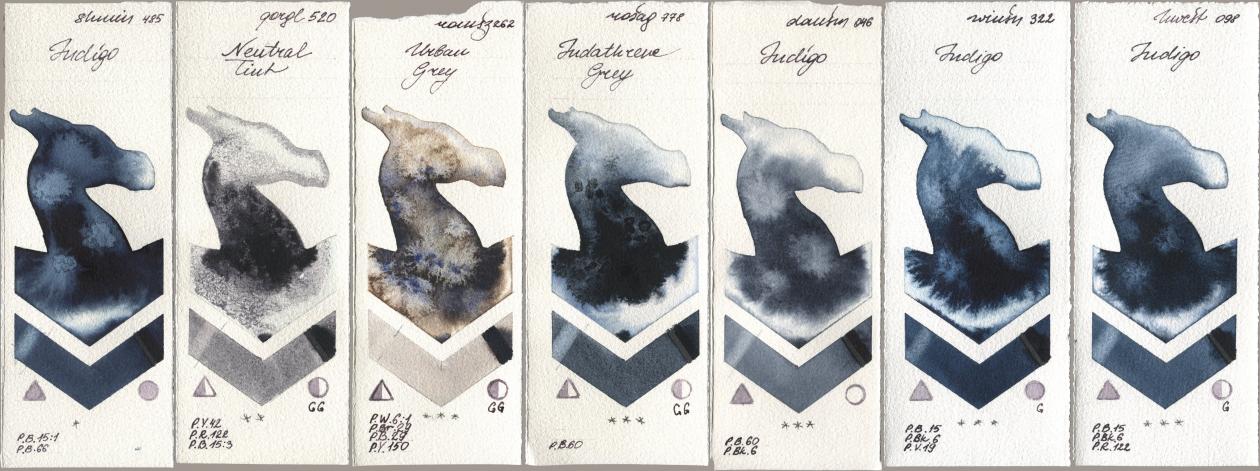 Shminke Horadam Aquarell 485 Indigo, Golden QOR 520 Neutral Tint, Roman Szmal Aquarius 262 Urban Grey, Rosa Gallery 778 Indanthrene Grey, Daniel Smith 046 Indigo, Winsor & Newton Professional 322 Indigo, Holbein Artists Watercolor 098 Indi watercolor swatch