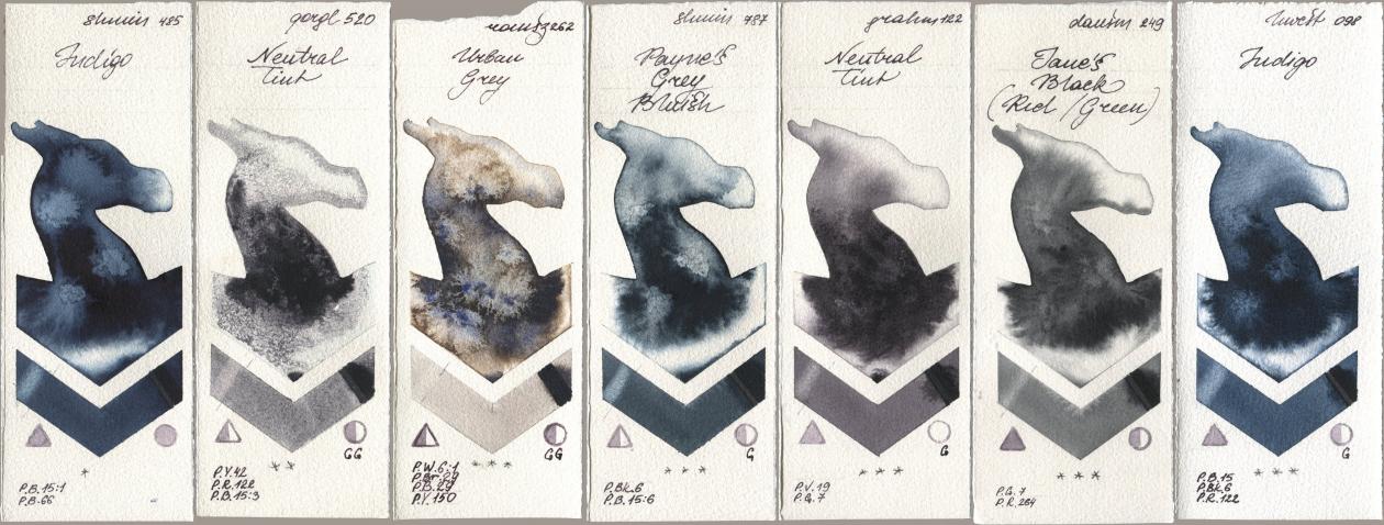 Shminke Horadam Aquarell 485 Indigo, Golden QOR 520 Neutral Tint, Roman Szmal Aquarius 262 Urban Grey, 787 Paynes Grey Bluish, M. Graham & Co. Artists 122 Neutral Tint, Daniel Smith 249 Janes Black (Red/Green), Holbein Artists Watercolor 098 Indi watercolor swatch