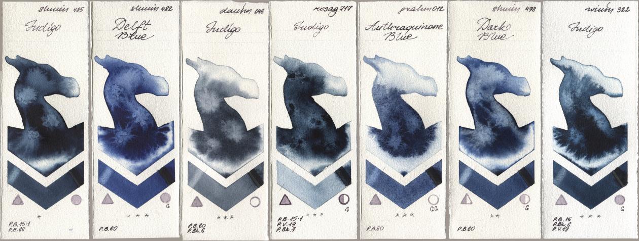 Shminke Horadam Aquarell 485 Indigo, 482 Delft Blue, Daniel Smith 046 Indigo, Rosa Gallery 717 Indigo, M. Graham & Co. Artists 012 Anthraquinone Blue, 498 Dark Blue, Winsor & Newton Professional 322 Indi watercolor swatch