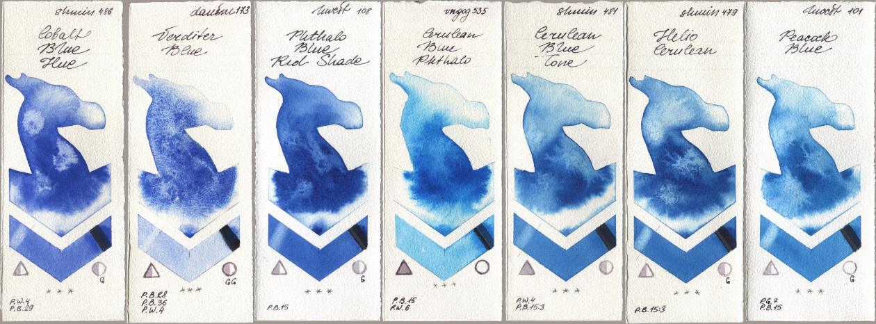 Shminke Horadam Aquarell 486 Cobalt Blue Hue, Daniel Smith 173 Verditer Blue, Holbein Artists Watercolor 108 Phthalo Blue Red Shade, Royal Talens Van Gogh Watercolour 535 Cerulean Blue Phthalo, 481 Cerulean Blue Tone, 479 Helio Cerulean, 101 Peacock Bl watercolor swatch