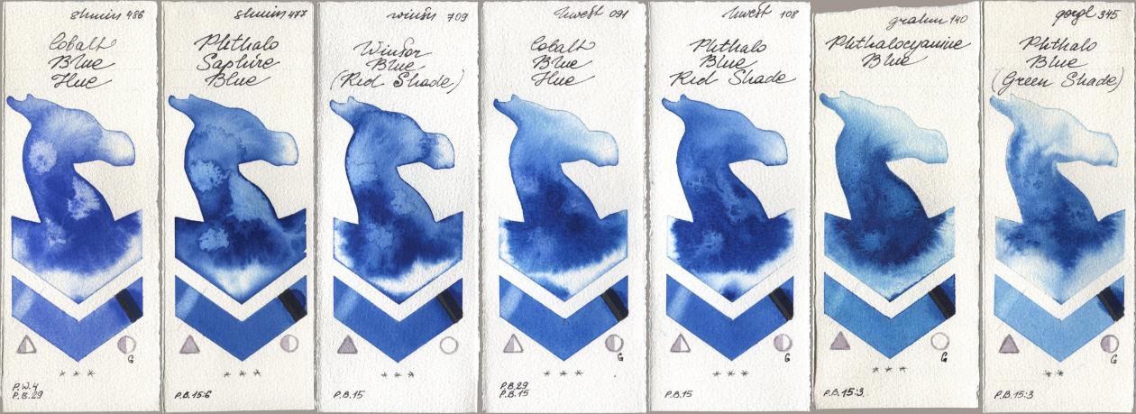 Shminke Horadam Aquarell 486 Cobalt Blue Hue, 477 Phthalo Saphire Blue, Winsor & Newton Professional 709 Winsor Blue (Red Shade), Holbein Artists Watercolor 091 Cobalt Blue Hue, 108 Phthalo Blue Red Shade, M. Graham & Co. Artists 140 Phthalocyanine Blue, Golden QOR 345 Phthalo Blue (Green Shad watercolor swatch