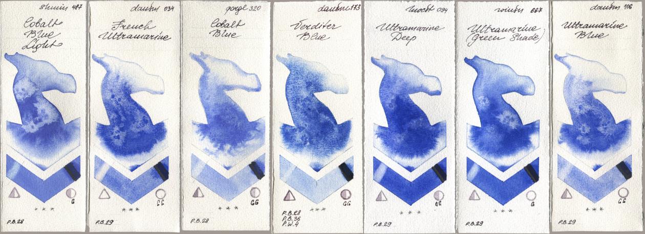 Shminke Horadam Aquarell 487 Cobalt Blue Light, Daniel Smith 034 French Ultramarine, Golden QOR 320 Cobalt Blue, 173 Verditer Blue, Holbein Artists Watercolor 094 Ultramarine Deep, Winsor & Newton Professional 667 Ultramarine (Green Shade), 106 Ultramarine Bl watercolor swatch