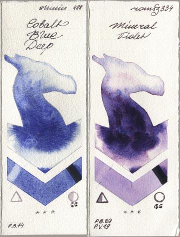 Shminke Horadam Aquarell 488 Cobalt Blue Deep, Roman Szmal Aquarius 334 Mineral Viol watercolor swatch