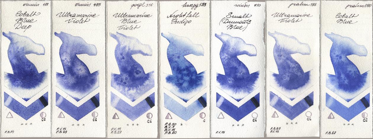 Shminke Horadam Aquarell 488 Cobalt Blue Deep, 495 Ultramarine Violet, Golden QOR 316 Ultramarine Blue Violet, Holbein Artists Watercolor 533 Nightfall Indigo, Winsor & Newton Professional 710 Smalt (Dumonts Blue), M. Graham & Co. Artists 193 Ultramarine Violet, 090 Cobalt Bl watercolor swatch