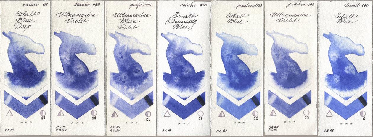 Shminke Horadam Aquarell 488 Cobalt Blue Deep, 495 Ultramarine Violet, Golden QOR 316 Ultramarine Blue Violet, Winsor & Newton Professional 710 Smalt (Dumonts Blue), M. Graham & Co. Artists 090 Cobalt Blue, 193 Ultramarine Violet, Holbein Artists Watercolor 090 Cobalt Bl watercolor swatch