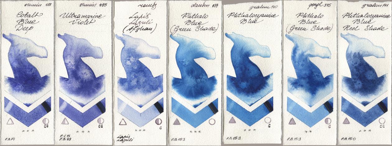 Shminke Horadam Aquarell 488 Cobalt Blue Deep, 495 Ultramarine Violet, Roman Szmal Aquarius 999 Lapis Lazuli Afghan, Daniel Smith 077 Phthalo Blue (Green Shade), M. Graham & Co. Artists 140 Phthalocyanine Blue, Golden QOR 345 Phthalo Blue (Green Shade), 141 Phthalocyanine Blue Red Sha watercolor swatch