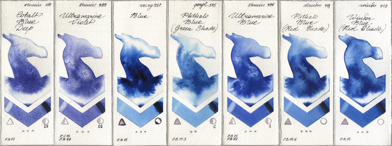 Shminke Horadam Aquarell 488 Cobalt Blue Deep, 495 Ultramarine Violet, Rosa Gallery 718 Blue, Golden QOR 345 Phthalo Blue (Green Shade), 496 Ultramarine Blue, Daniel Smith 119 Phthalo Blue (Red Shade), Winsor & Newton Professional 709 Winsor Blue (Red Shad watercolor swatch