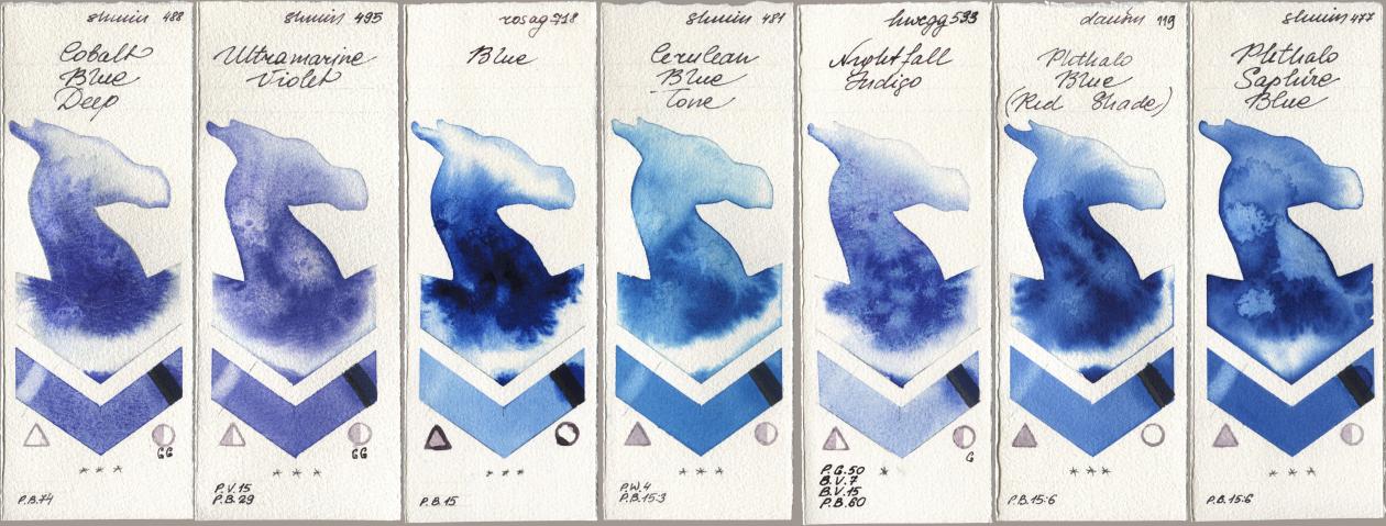 Shminke Horadam Aquarell 488 Cobalt Blue Deep, 495 Ultramarine Violet, Rosa Gallery 718 Blue, 481 Cerulean Blue Tone, Holbein Artists Watercolor 533 Nightfall Indigo, Daniel Smith 119 Phthalo Blue (Red Shade), 477 Phthalo Saphire Bl watercolor swatch