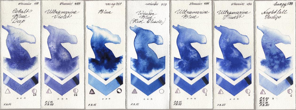 Shminke Horadam Aquarell 488 Cobalt Blue Deep, 495 Ultramarine Violet, Rosa Gallery 718 Blue, Winsor & Newton Professional 709 Winsor Blue (Red Shade), 496 Ultramarine Blue, 494 Ultramarine Finest, Holbein Artists Watercolor 533 Nightfall Indi watercolor swatch