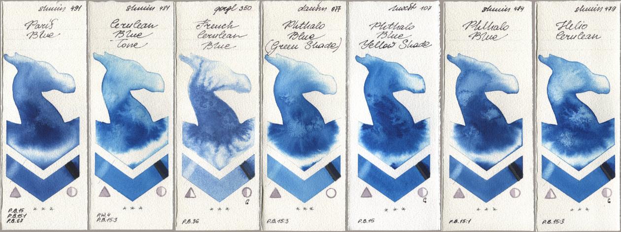 Shminke Horadam Aquarell 491 Paris Blue, 481 Cerulean Blue Tone, Golden QOR 350 French Cerulean Blue, Daniel Smith 077 Phthalo Blue (Green Shade), Holbein Artists Watercolor 107 Phthalo Blue Yellow Shade, 484 Phthalo Blue, 479 Helio Cerule watercolor swatch