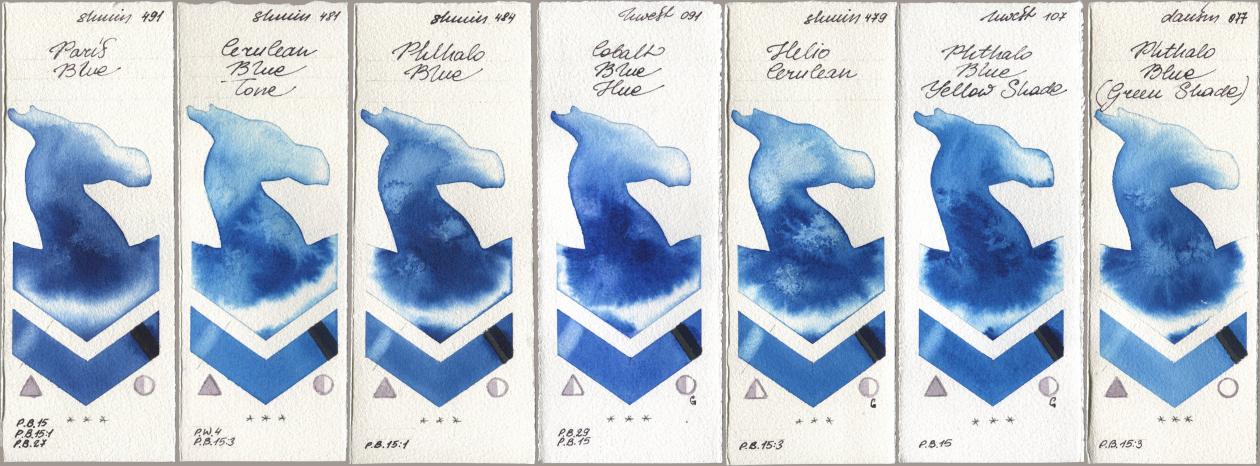 Shminke Horadam Aquarell 491 Paris Blue, 481 Cerulean Blue Tone, 484 Phthalo Blue, Holbein Artists Watercolor 091 Cobalt Blue Hue, 479 Helio Cerulean, 107 Phthalo Blue Yellow Shade, Daniel Smith 077 Phthalo Blue (Green Shad watercolor swatch