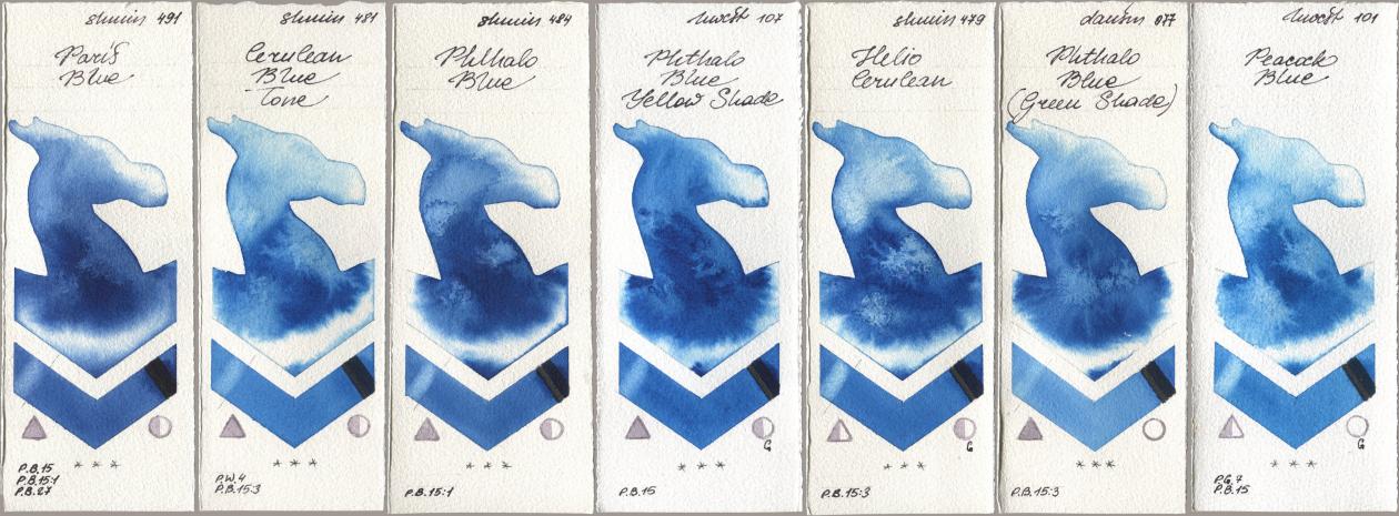 Shminke Horadam Aquarell 491 Paris Blue, 481 Cerulean Blue Tone, 484 Phthalo Blue, Holbein Artists Watercolor 107 Phthalo Blue Yellow Shade, 479 Helio Cerulean, Daniel Smith 077 Phthalo Blue (Green Shade), 101 Peacock Bl watercolor swatch