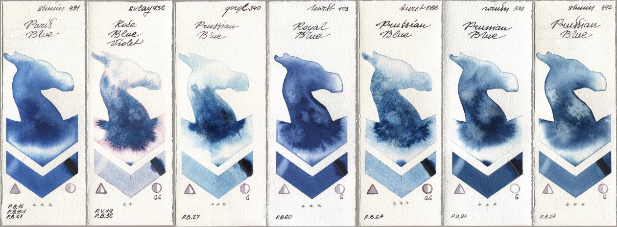 Shminke Horadam Aquarell 491 Paris Blue, SuperVision 736 Rose Blue Violet, Golden QOR 340 Prussian Blue, Holbein Artists Watercolor 103 Royal Blue, Kuretake Gansai Tambi 066 Prussian Blue, Winsor & Newton Professional 538 Prussian Blue, 492 Prussian Bl watercolor swatch