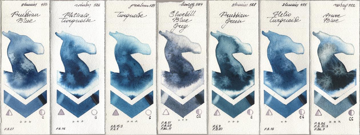 Shminke Horadam Aquarell 492 Prussian Blue, Winsor & Newton Professional 526 Phthalo Turquoise, M. Graham & Co. Artists 189 Turquoise, Holbein Artists Watercolor 564 Shoebill Blue Grey, 528 Prussian Green, 475 Helio Turquoise, Rosa Gallery 762 Azure Bl watercolor swatch