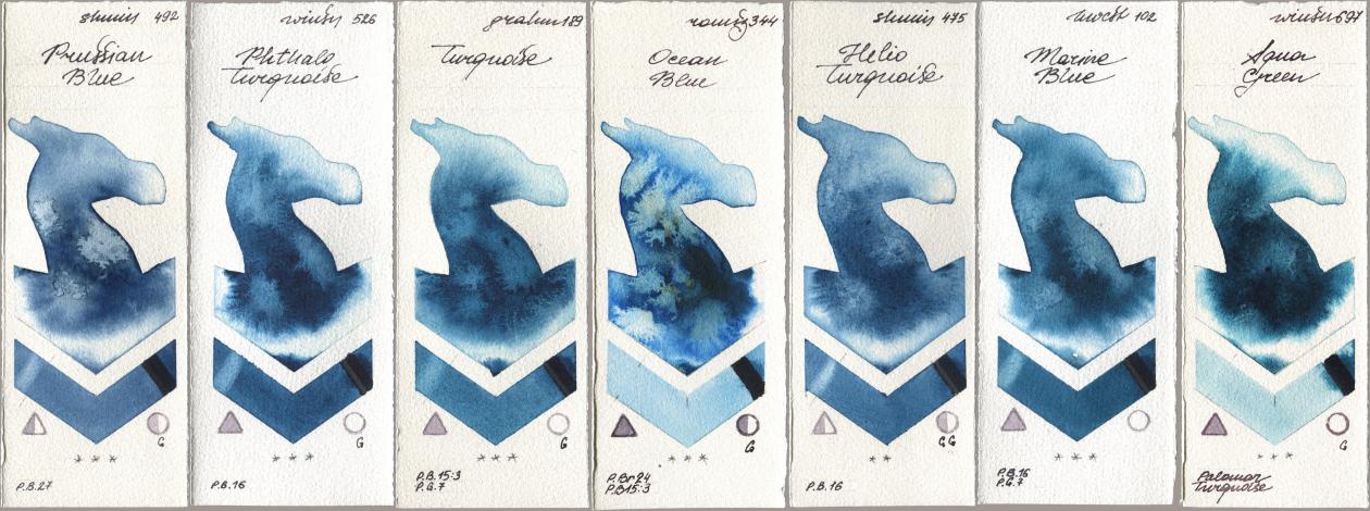 Shminke Horadam Aquarell 492 Prussian Blue, Winsor & Newton Professional 526 Phthalo Turquoise, M. Graham & Co. Artists 189 Turquoise, Roman Szmal Aquarius 344 Ocean Blue, 475 Helio Turquoise, Holbein Artists Watercolor 102 Marine Blue, 697 Aqua Gre watercolor swatch