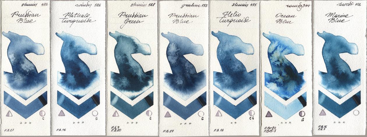Shminke Horadam Aquarell 492 Prussian Blue, Winsor & Newton Professional 526 Phthalo Turquoise, 528 Prussian Green, M. Graham & Co. Artists 153 Prussian Blue, 475 Helio Turquoise, Roman Szmal Aquarius 344 Ocean Blue, Holbein Artists Watercolor 102 Marine Bl watercolor swatch