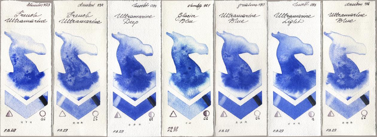 Shminke Horadam Aquarell 493 French Ultramarine, Daniel Smith 034 French Ultramarine, Holbein Artists Watercolor 094 Ultramarine Deep, 961 Glacier Blue, M. Graham & Co. Artists 190 Ultramarine Blue, 093 Ultramarine Light, 106 Ultramarine Bl watercolor swatch