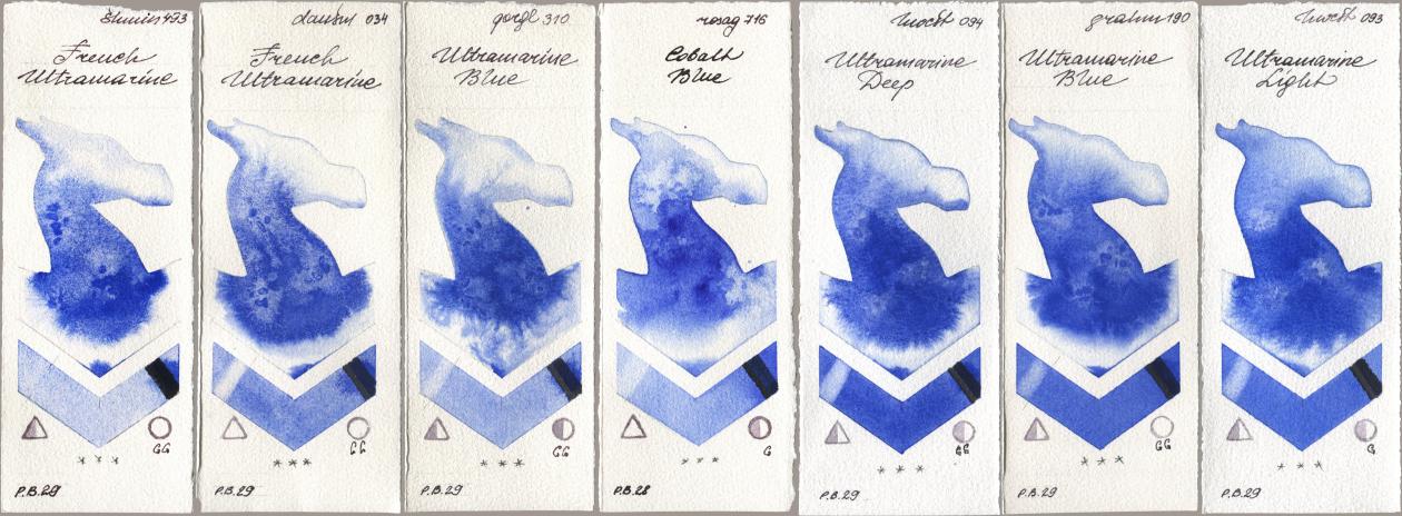 Shminke Horadam Aquarell 493 French Ultramarine, Daniel Smith 034 French Ultramarine, Golden QOR 310 Ultramarine Blue, Rosa Gallery 716 Cobalt Blue, Holbein Artists Watercolor 094 Ultramarine Deep, M. Graham & Co. Artists 190 Ultramarine Blue, 093 Ultramarine Lig watercolor swatch