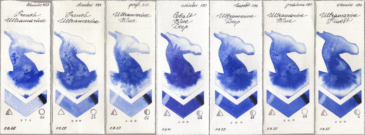Shminke Horadam Aquarell 493 French Ultramarine, Daniel Smith 034 French Ultramarine, Golden QOR 310 Ultramarine Blue, Winsor & Newton Professional 180 Cobalt Blue Deep, Holbein Artists Watercolor 094 Ultramarine Deep, M. Graham & Co. Artists 190 Ultramarine Blue, 494 Ultramarine Fine watercolor swatch