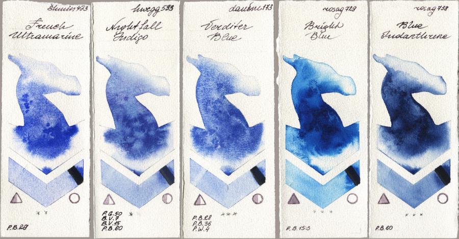 Shminke Horadam Aquarell 493 French Ultramarine vs Holbein Artists Watercolor 533 Nightfall Indigo vs Daniel Smith 173 Verditer Blue vs Rosa Gallery 729 Bright Blue vs 738 Blue Indanthrone watercolor swatch
