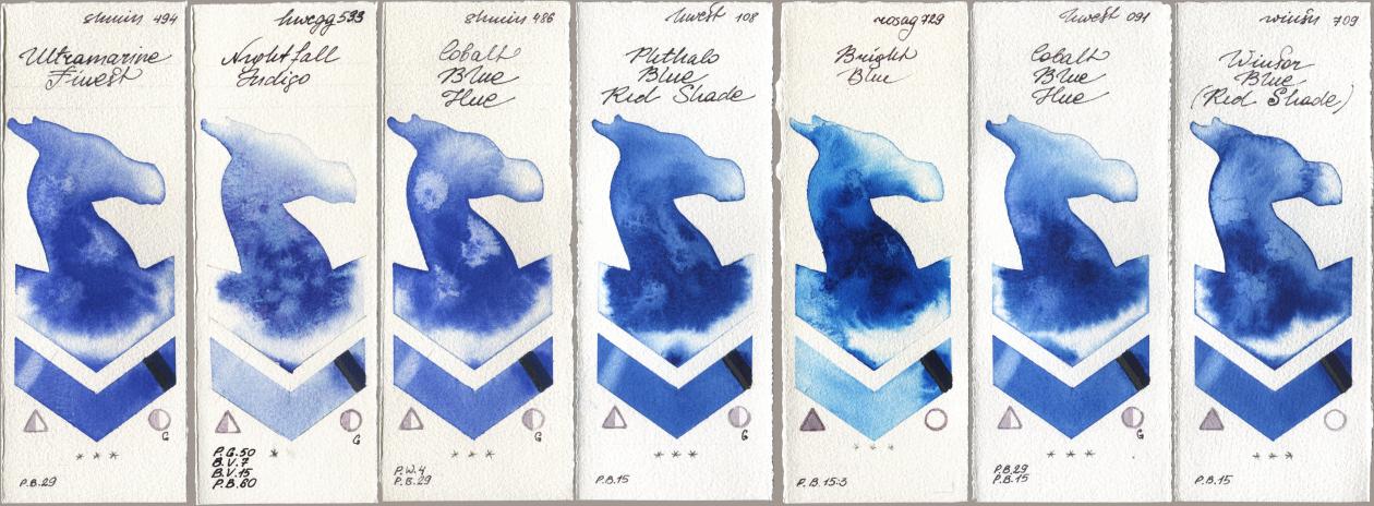 Shminke Horadam Aquarell 494 Ultramarine Finest, Holbein Artists Watercolor 533 Nightfall Indigo, 486 Cobalt Blue Hue, 108 Phthalo Blue Red Shade, Rosa Gallery 729 Bright Blue, 091 Cobalt Blue Hue, Winsor & Newton Professional 709 Winsor Blue (Red Shad watercolor swatch