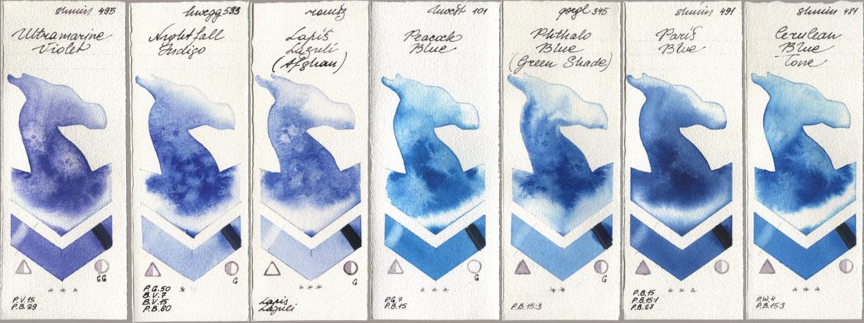 Shminke Horadam Aquarell 495 Ultramarine Violet, Holbein Artists Watercolor 533 Nightfall Indigo, Roman Szmal Aquarius 999 Lapis Lazuli Afghan, 101 Peacock Blue, Golden QOR 345 Phthalo Blue (Green Shade), 491 Paris Blue, 481 Cerulean Blue To watercolor swatch
